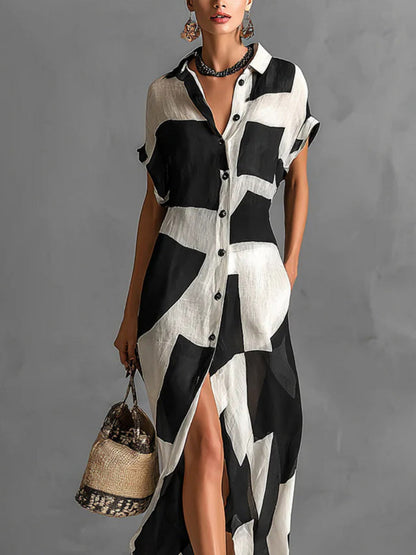 Geometric Patterns Plaid Printed Shirts Vacation Sunscreen Maxi Dresses