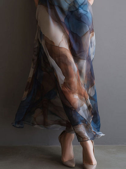 Printed Gradient Hip-hugging Mesh Camisoles Maxi Dresses