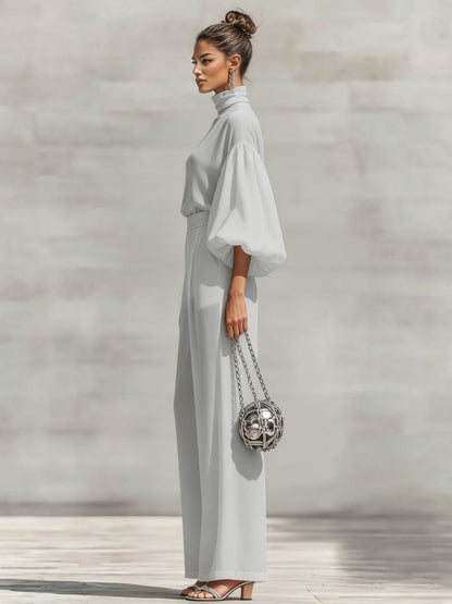 Chiffon Stand-up Collar Puff Sleeve High-waisted Draped Wide-leg Pants Two-piece Set