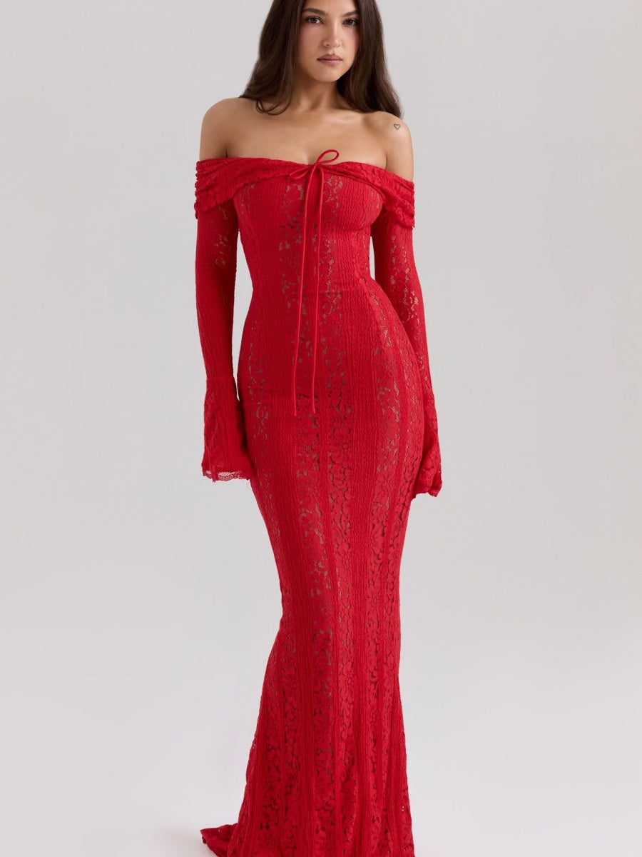 Lace Hollow Off Shoulder Flared Sleeves Hip-hugging Maxi Dresses