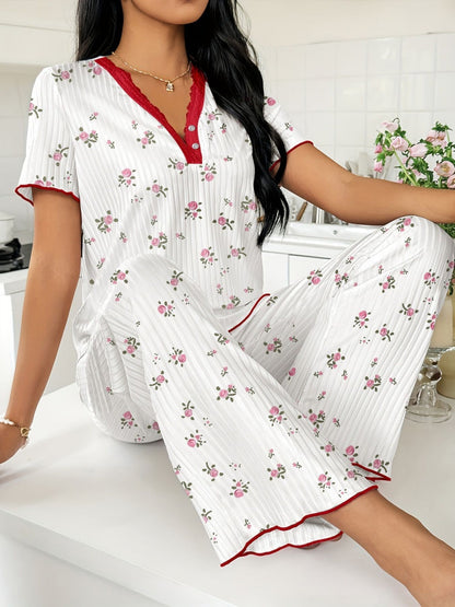Heart-print V-neck Short-sleeved Trousers Loungewear Set