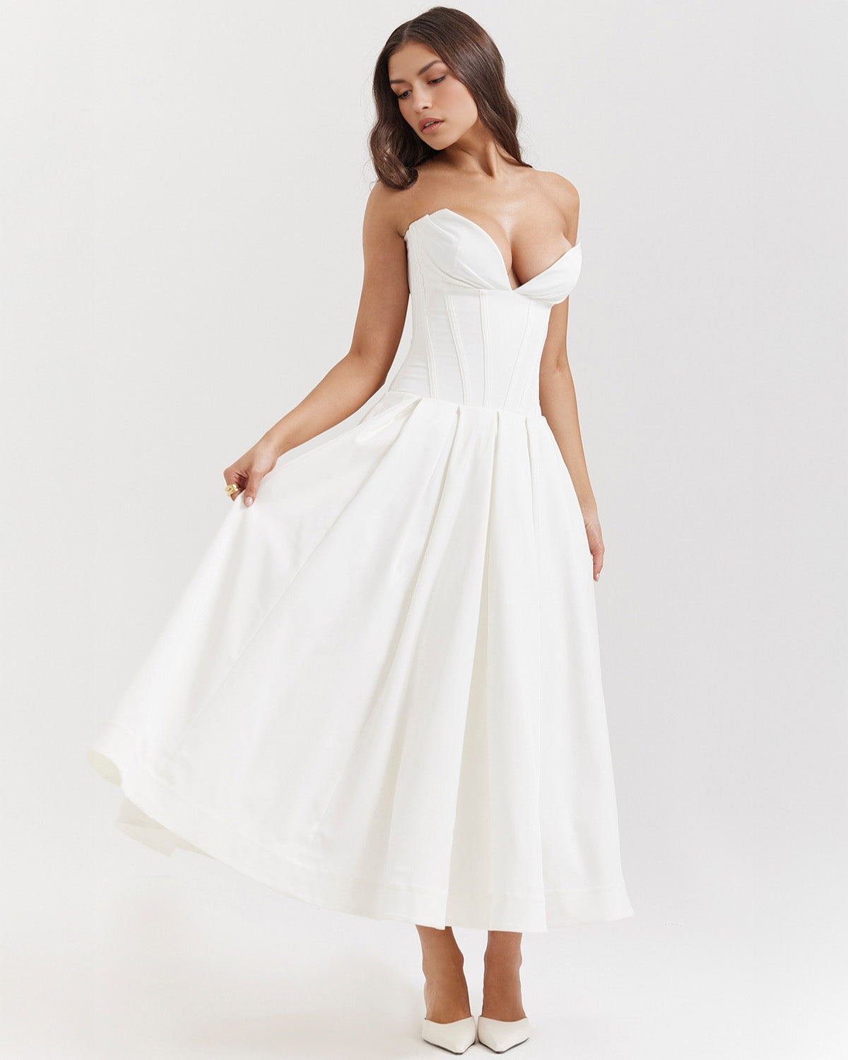 Strapless Corset Sweetheart Neckline Box Pleat A-Line Midi Dress
