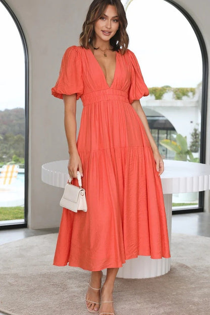 V Neck Puff Sleeve Smocked Empire Waist Tiered Midi Dress