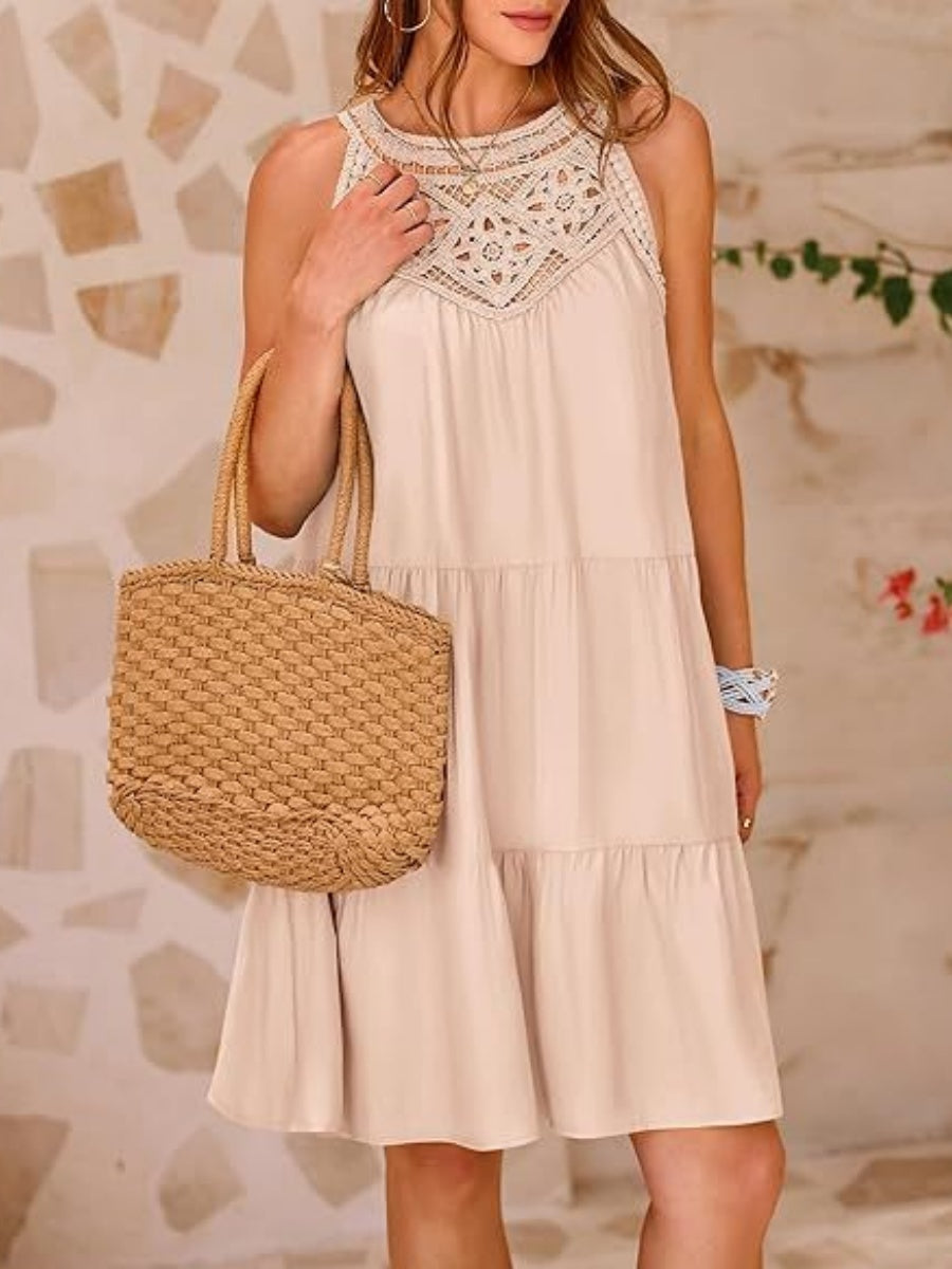 Loose-fit Trim Hollow Lace Halter Mini&Short Dresses