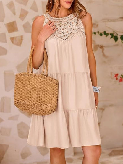 Loose-fit Trim Hollow Lace Halter Mini&Short Dresses