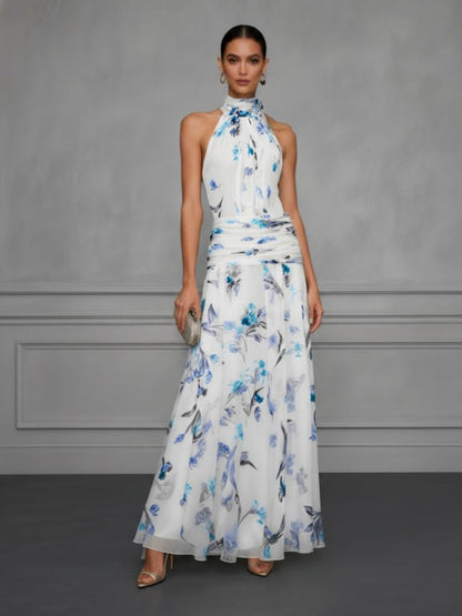 Halter Printed Temperament Waist Parties Maxi Dresses