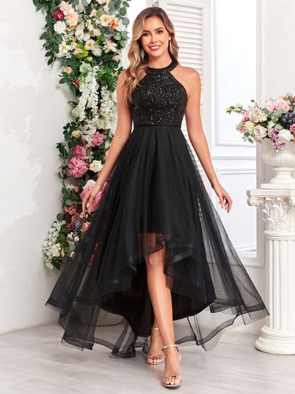 Halter Sequins Mesh Irregular Hem Formal Dress Maxi Dresses