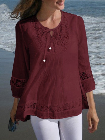 Tie-up Cotton And Linen Patchwork Lace Three-quarter Sleeve T-shirt