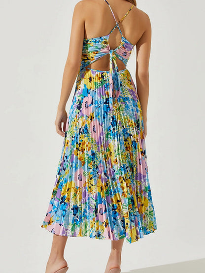 V-neck Camisoles Backless Graffiti Maxi Dresses