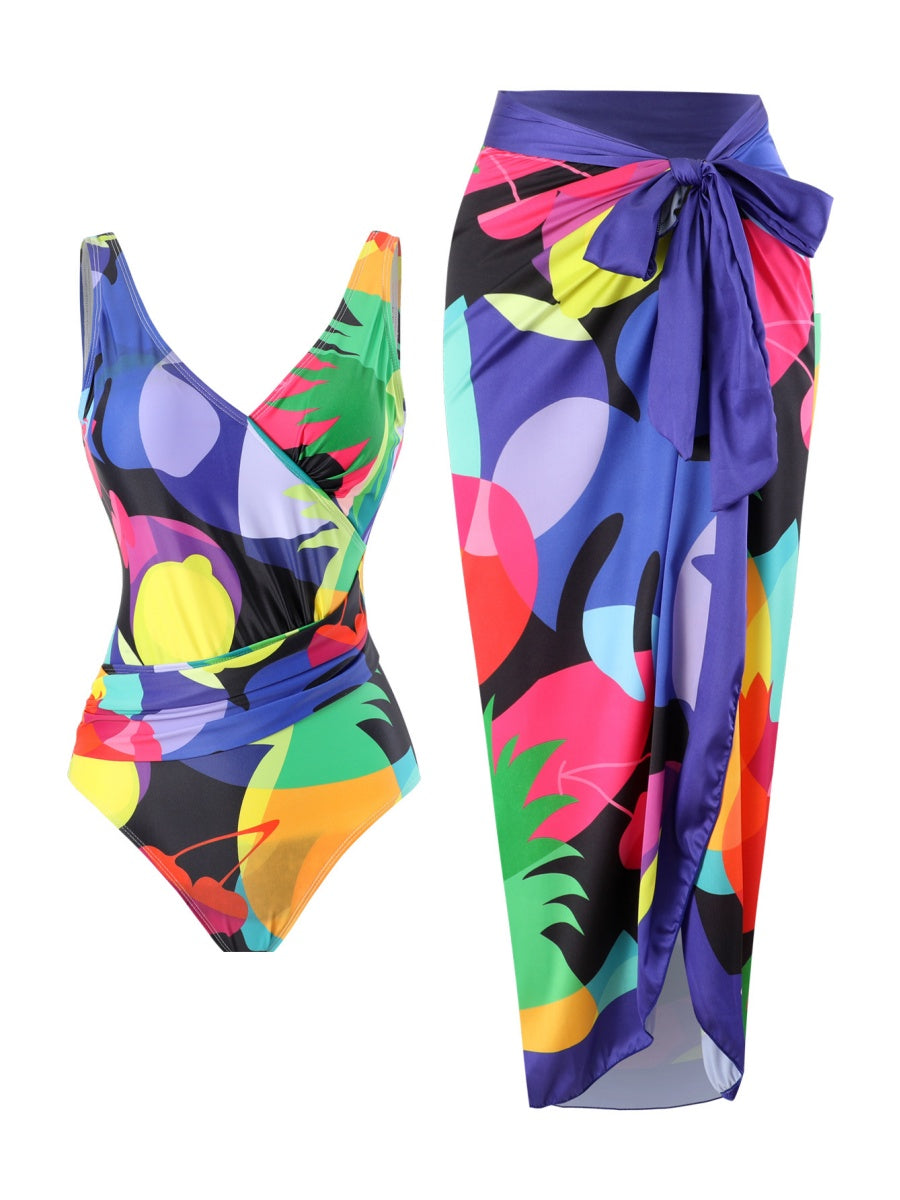One-piece Swimsuit With Cross-over Print, Revealing Backpack And Hip-revealing Long Skirt (two-piece Set)
