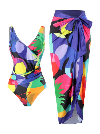 One-piece Swimsuit With Cross-over Print, Revealing Backpack And Hip-revealing Long Skirt (two-piece Set)