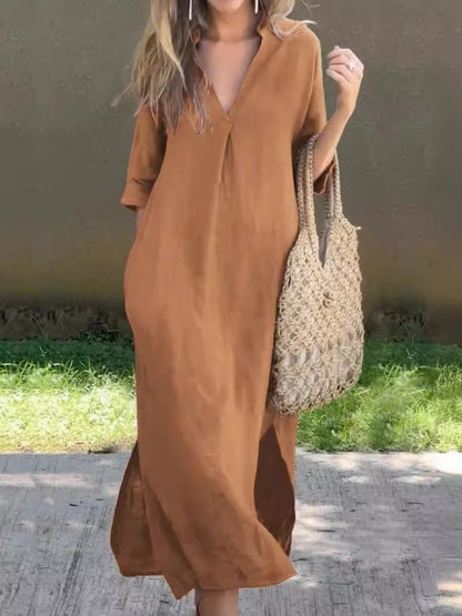 V-neck, Three-quarter Sleeve, Long Dress With Side Slit Pockets And Pleated Chest