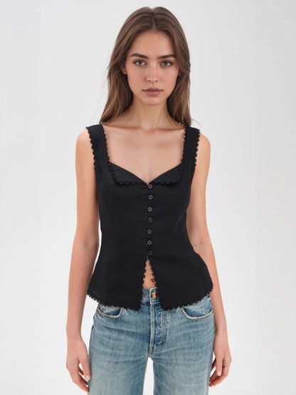Retro Cotton And Linen Lace Patchwork Button Tank Tops