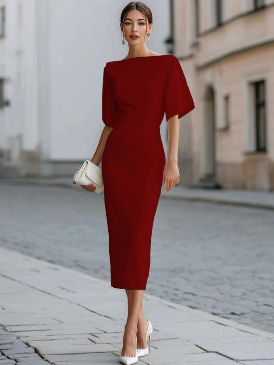 Grace One-shoulder Collar Mid-length Sleeves Slim-fit Midi Dresses