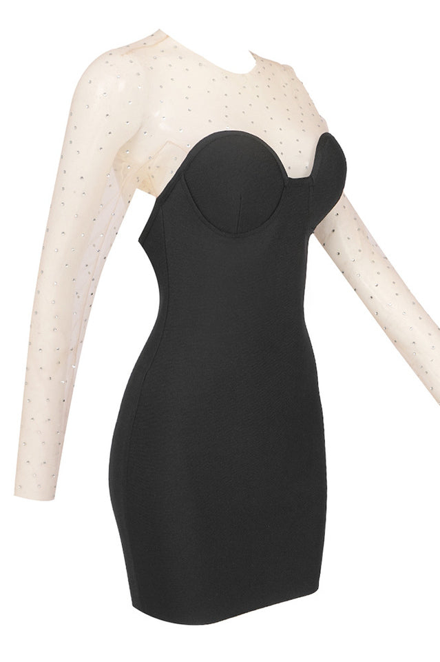 Rhinestone Mesh Illusion Sweetheart Neck Long Sleeve Bodycon Mini Dress