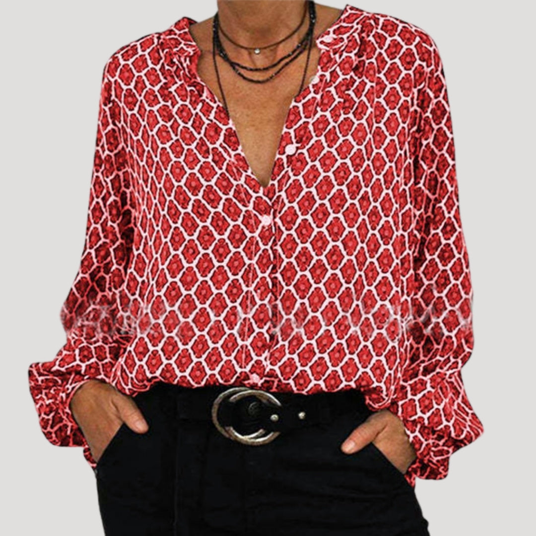 | Long Sleeve V-Neck Printed Blouse
