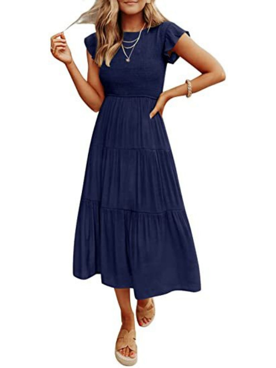 Solid Color Ruched Layered Short-sleeved Maxi Dress
