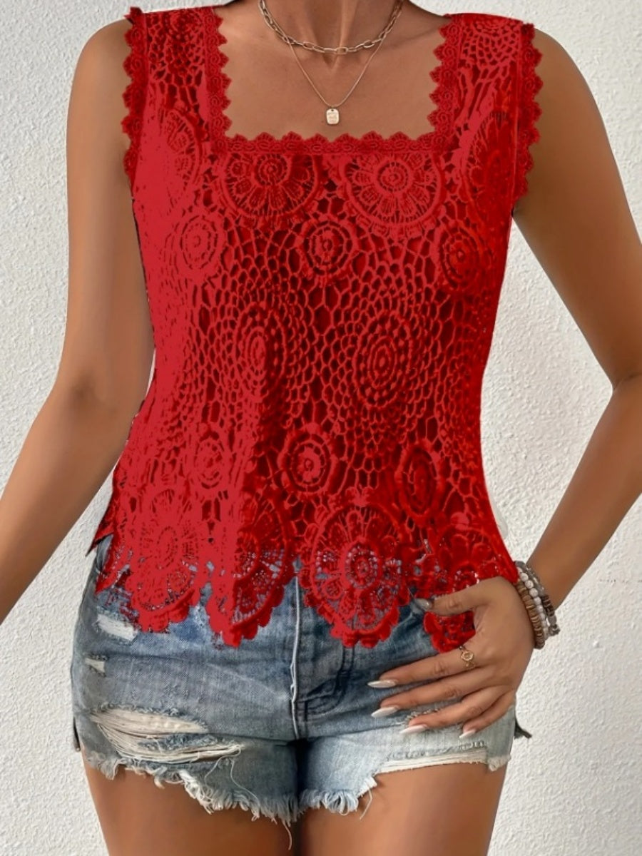 Square Neck Heavy-duty Crochet Openwork Flower Tank Top
