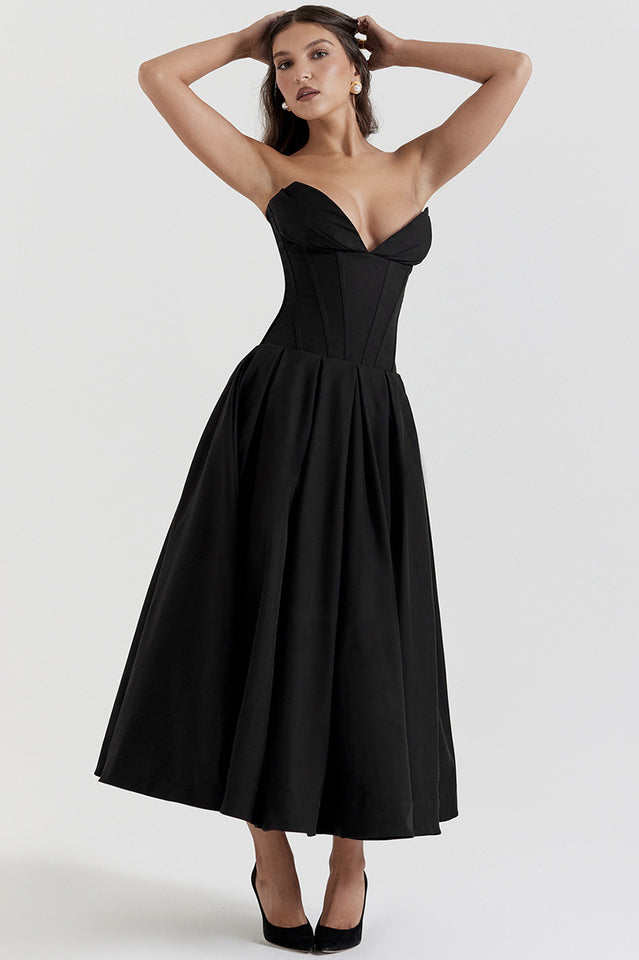 Strapless Deep Plunge Corset Boned Pleated A-Line Midi Dress