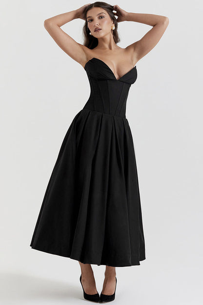 Strapless Deep Plunge Corset Boned Pleated A-Line Midi Dress