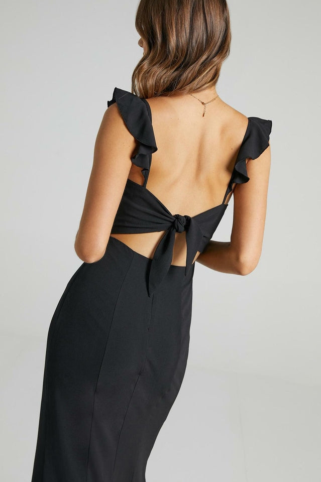 Deep V Neck Ruffle Strap Princess Seam High Slit Maxi Dress