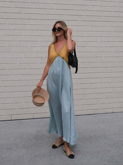 V-neck Sleeveless Color-blocked Maxi Dress