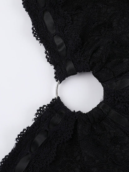 Black Lace Long-sleeved Jumpsuit Shorts