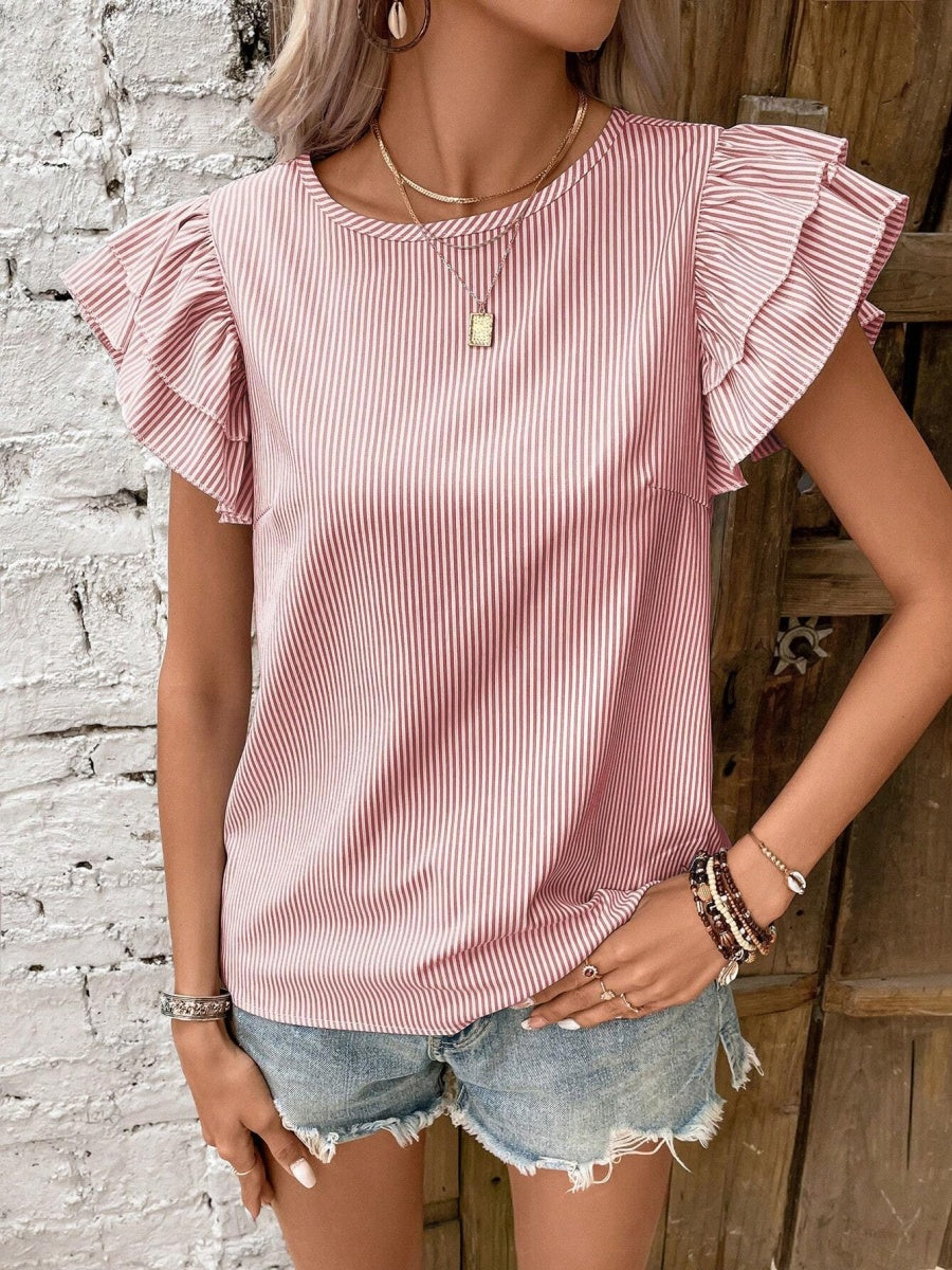 Round Neck Striped T-shirt With Ruffled Sleeves