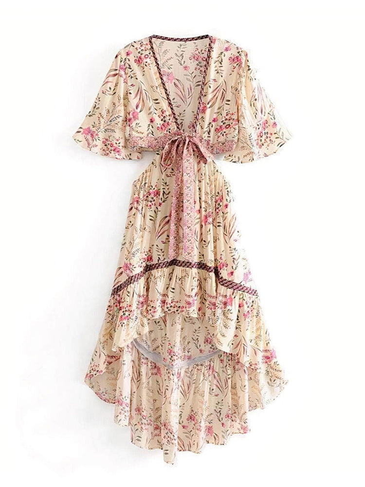 Deep V Neck Floral Print High Low Ruffle Lace Insert Maxi Dress
