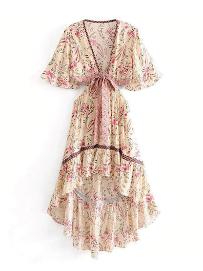 Deep V Neck Floral Print High Low Ruffle Lace Insert Maxi Dress