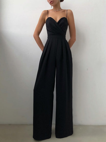 Minimalist Jumpsuit With Suspenders, Cinched Waist, Straight Leg, And Floor-length