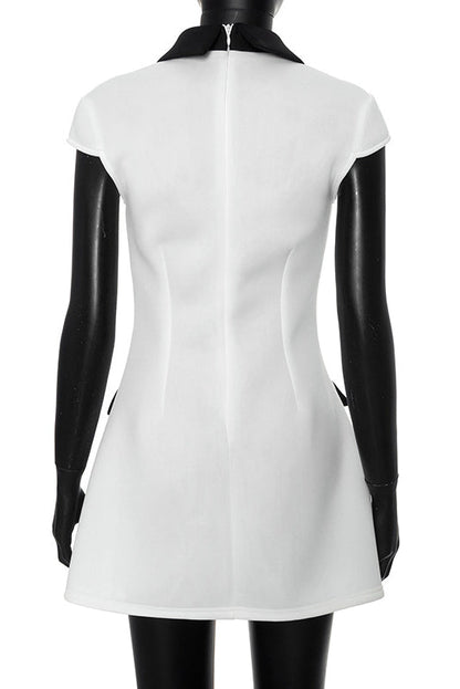 Pointed Contrast Collar Pocket Flap Cap Sleeve A-Line Mini Dress