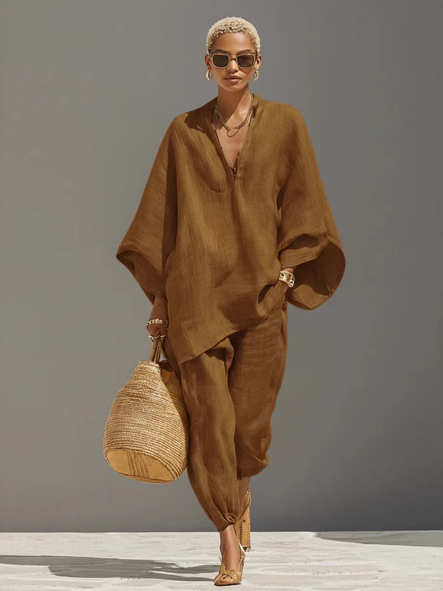 Solid Color Batwing Sleeves, V-neck, Loose Pockets 2-piece Sets