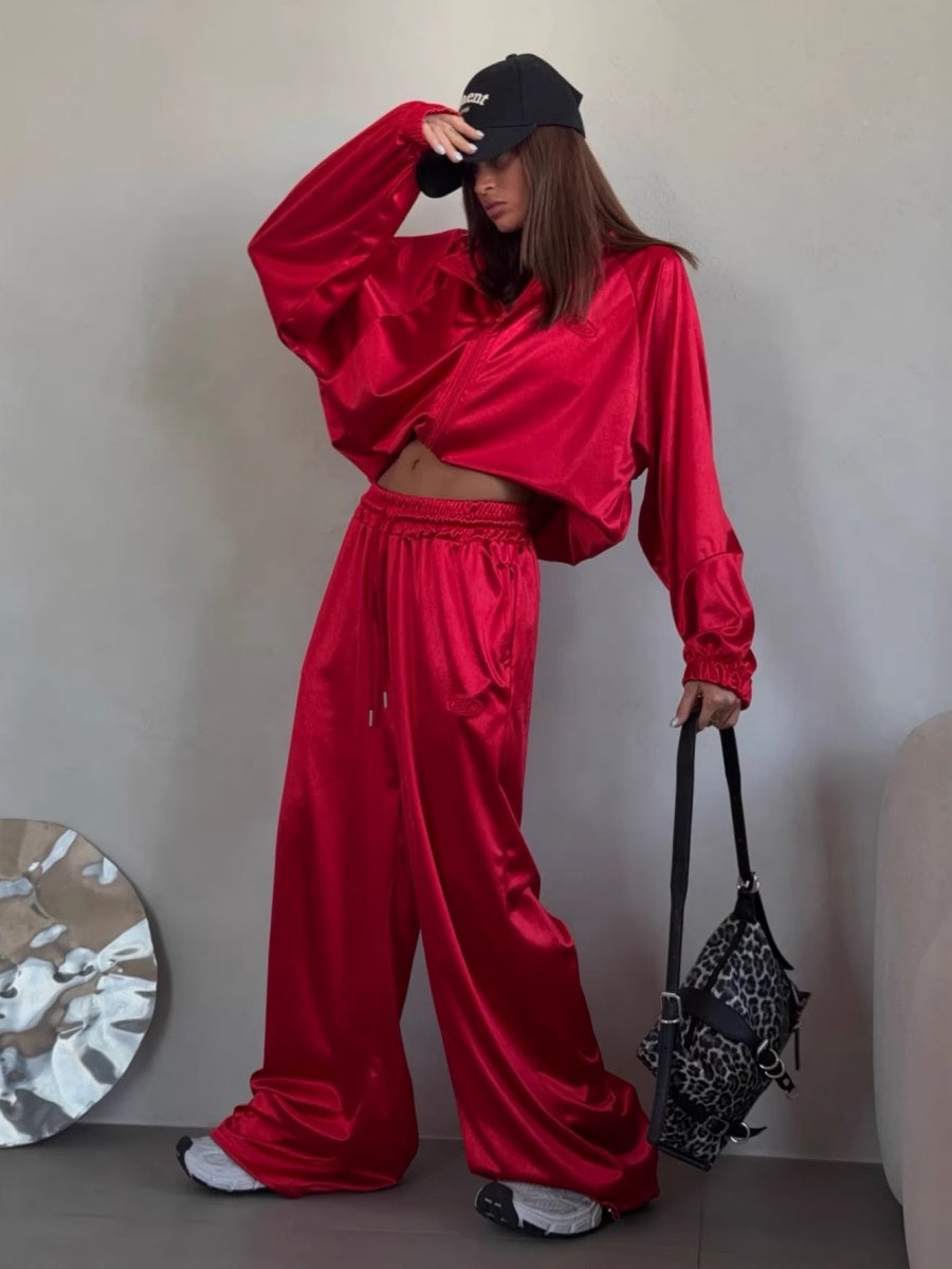 Zippered Loose Sweatshirt Jacket And Wide-Leg Pants Two-Piece Set