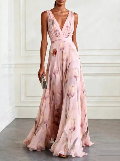 Floral Printed Parties V-neck Sleeveless Maxi Dresses