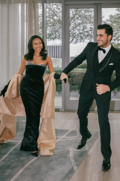 Strapless Sweetheart Rhinestone Trim Velvet Maxi Gown with Draped Satin Overskirt