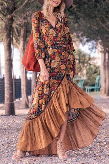 Floral Print Wrap V-Neck Tie Belt Balloon Sleeve High-Low Tiered Maxi Dress