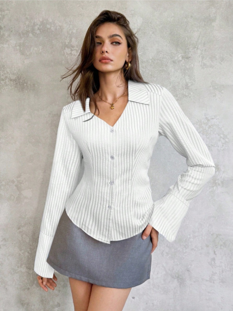 Flared Sleeves Slim-fit Lapel Stripes Shirts