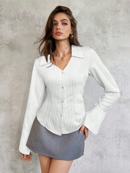Flared Sleeves Slim-fit Lapel Stripes Shirts