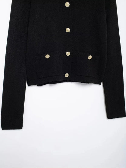 Gold Decorated Row Button Short Knitted Cardigan