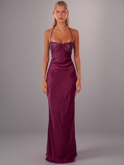 Strapless Sequined Satin Backless Tie-waist Bodycon Maxi Dress