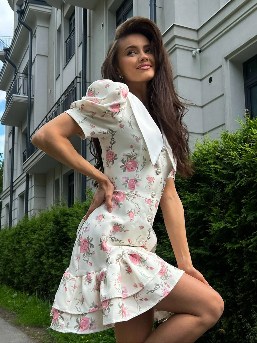 Waist Printed Floral Lapel Puff Sleeve Sweet Mini&Short Dresses