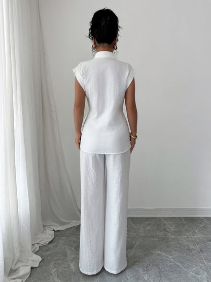 Lapel Sleeveless Kink Shirts Wide-leg Pants Business Suit 2-piece Sets