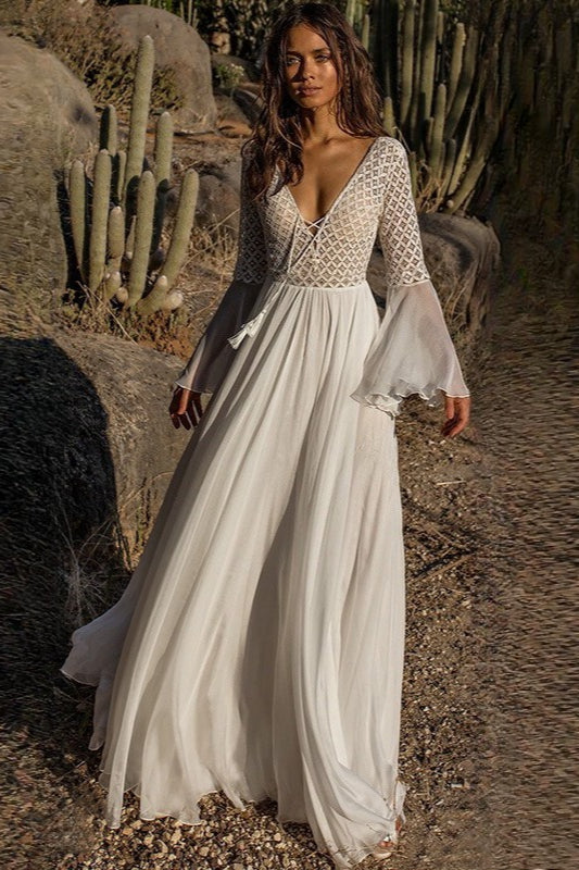 Lace Up V-Neck Crochet Lace Bodice Bell Sleeve Tiered Maxi Dress