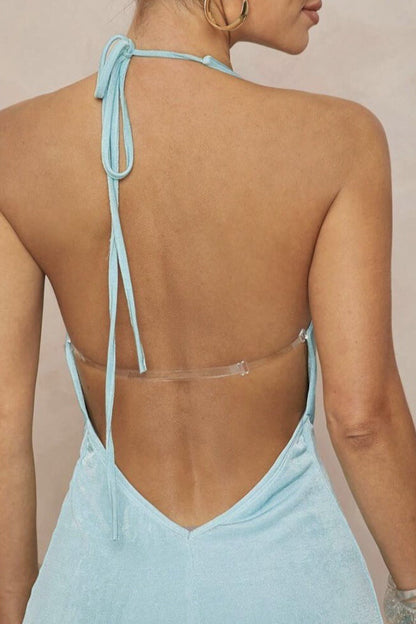 | Deep V Halter Ruched Backless Maxi Dress