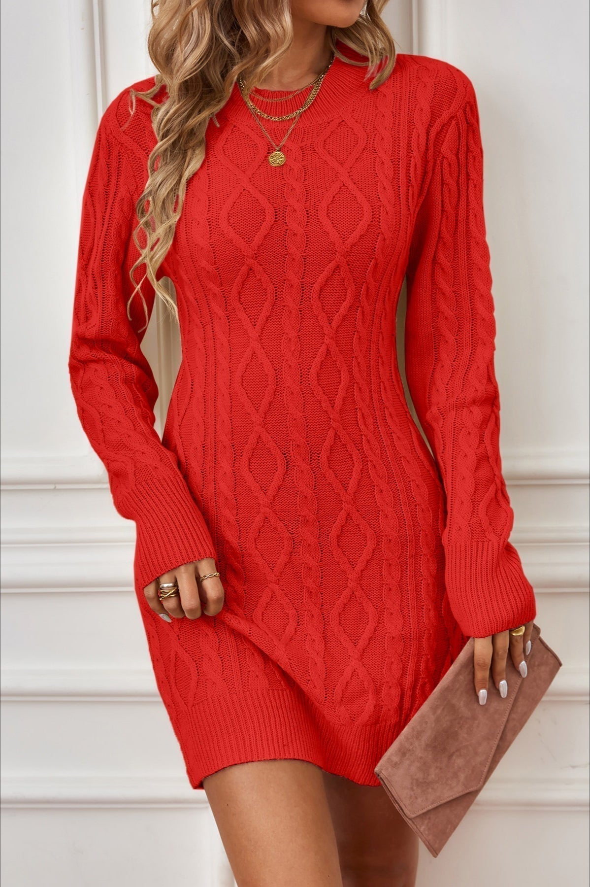 Cable Knit Mock Neck Open-Back Arch Cutout Sweater Mini Dress