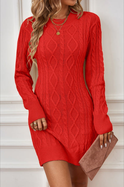 Cable Knit Mock Neck Open-Back Arch Cutout Sweater Mini Dress