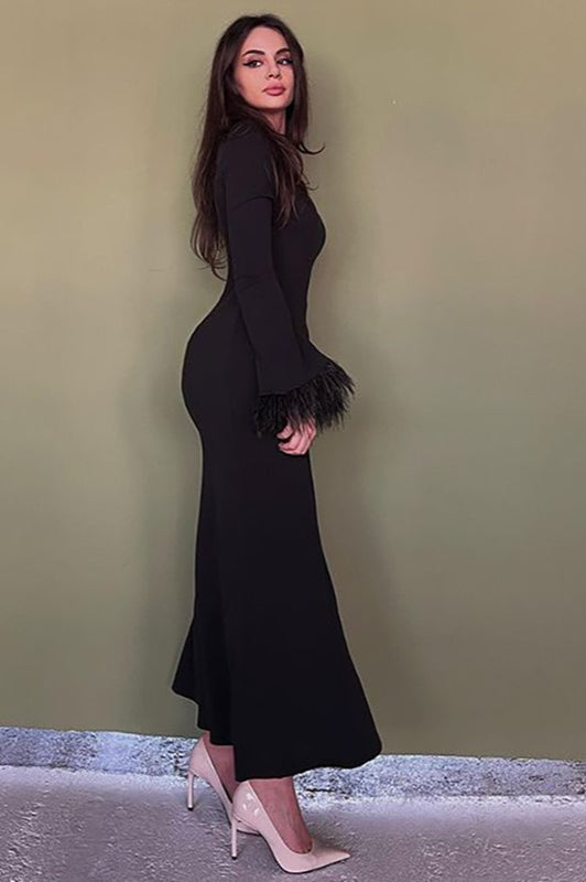 Feather Cuff Long Sleeve Crew Neck Mermaid Ruffle Hem Maxi Dress