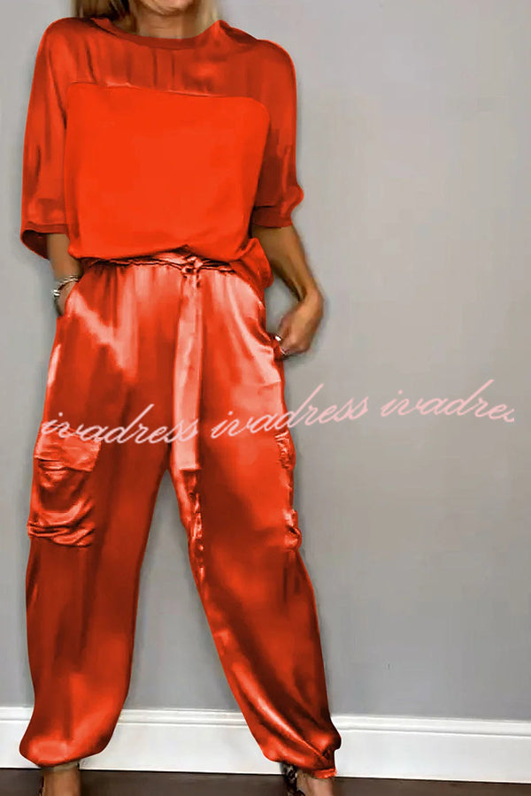 Calissa Smooth Satin Half-sleeved Top and Elastic Waist Pocket Pants Set