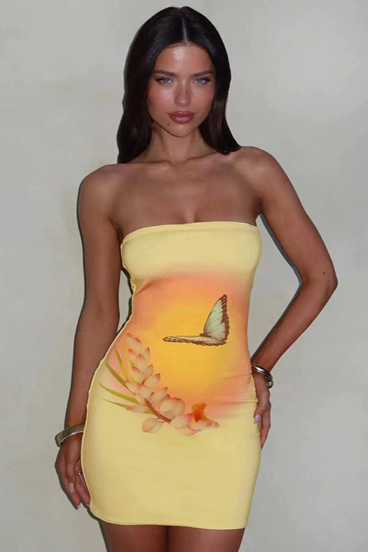 Strapless Butterfly Sunset Graphic Bodycon Mini Dress